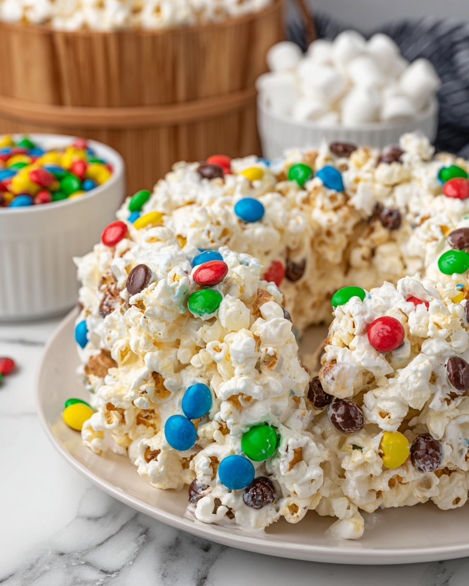 A close-up of a thick popcorn ring shaped like a wreath with multiple layers. The base layer is white popcorn covered evenly with a shiny white marshmallow coating that binds the popcorn together. Embedded throughout the ring are colorful candy-coated chocolate pieces in red, green, blue, yellow, and brown, adding bright spots of color and texture contrast against the white popcorn. The ring sits on a white plate, with a soft background showing a wooden popcorn bucket and white bowls filled with marshmallows and candy. The surface below is a white marbled texture. Photo taken with an iphone --ar 4:5 --v 7