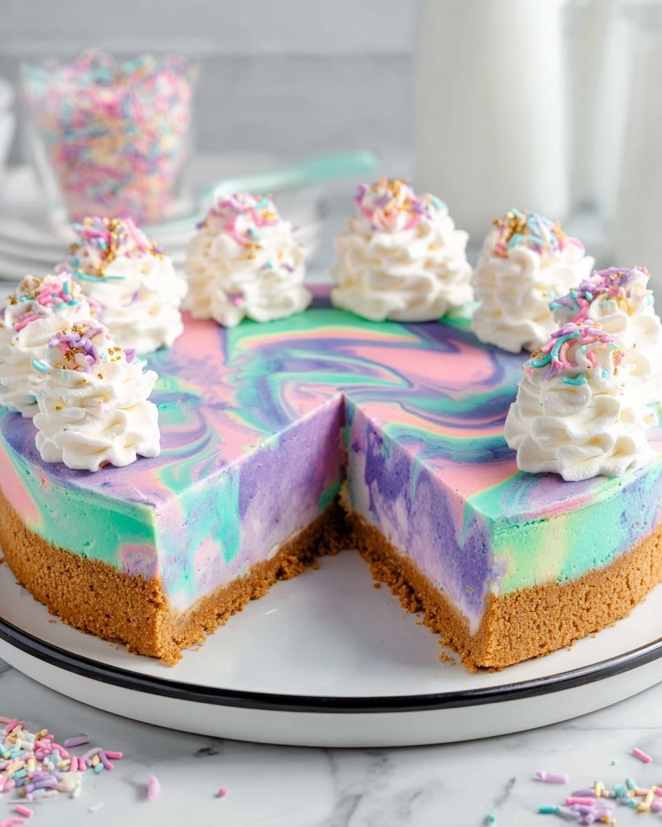 A colorful cheesecake with three visible layers sits on a white plate with a thin black rim. The bottom layer is a thick, crumbly golden brown crust. Above it, the cheesecake layer is a smooth, swirled mix of light purple, mint green, and soft pink colors blending together in patterns. The top of the cake is decorated with eight swirls of white whipped cream, each topped with colorful pastel sprinkles in pink, purple, blue, and gold. A slice has been cut out, showing the clean, sharp edges of each layer. The background shows a white marbled surface with some scattered sprinkles and blurred white glasses in the back. Photo taken with an iphone --ar 4:5 --v 7