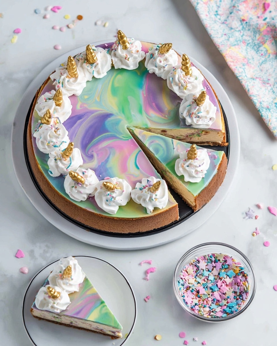 A round cheesecake with a thick brown crust and a colorful swirled top layer featuring pastel shades of green, pink, purple, and blue sits on a white plate with a black rim. The cheesecake is decorated with evenly spaced dollops of white whipped cream around the edge, each topped with multicolored sprinkles and small golden horn-shaped decorations. One slice is cut and slightly pulled out, showing the same colorful layers inside. Nearby, a small clear bowl with mixed sprinkles, including white, pink, blue, and gold pieces, is placed on a white marbled surface scattered with sprinkles. Photo taken with an iphone --ar 4:5 --v 7