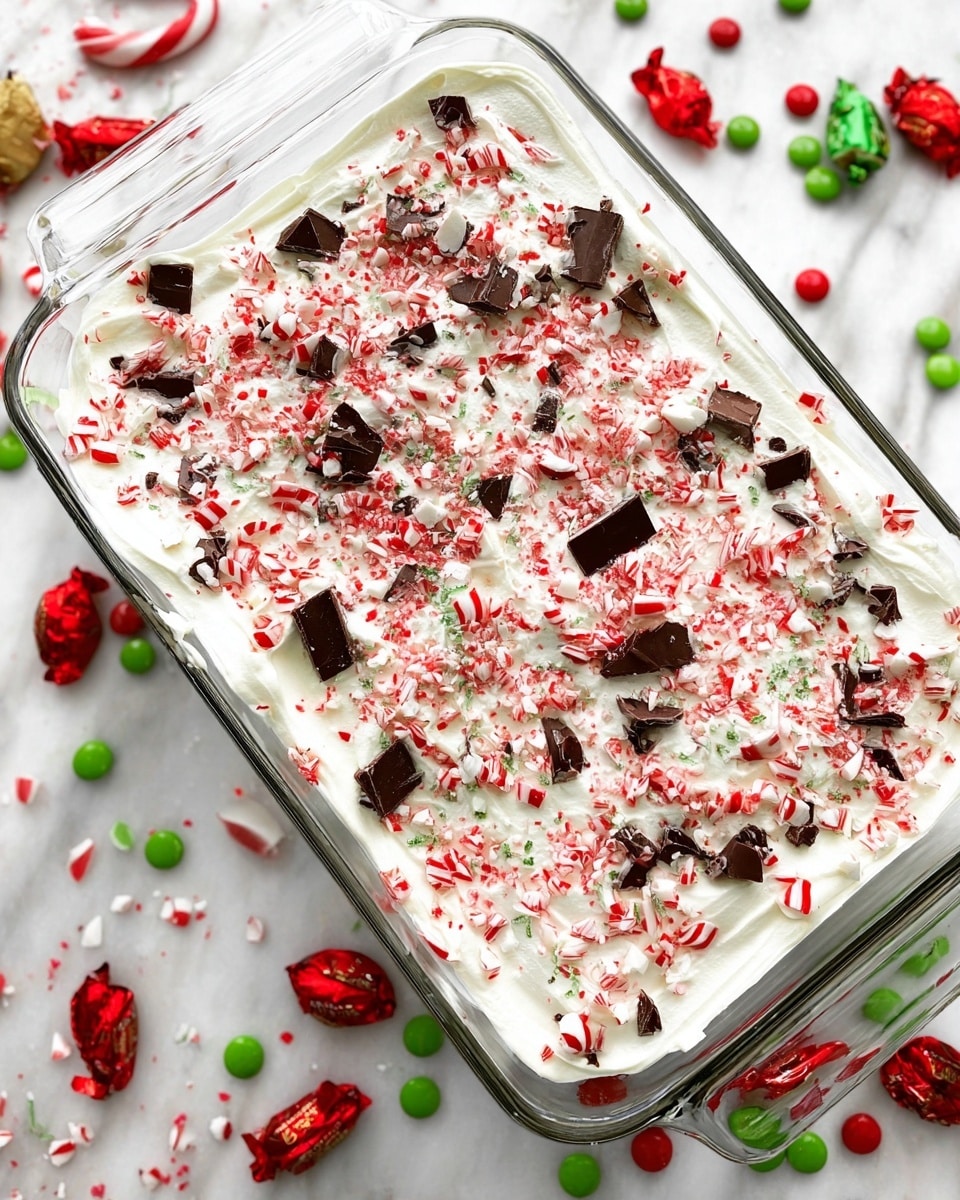 A clear rectangular glass dish shows a top layer of smooth, white whipped cream evenly spread, covered with a generous sprinkling of crushed red and white peppermint candy and broken dark chocolate pieces, creating a textured, colorful contrast on the creamy white surface, all placed on a white marbled background with scattered red and green wrapped candies around it. photo taken with an iphone --ar 4:5 --v 7