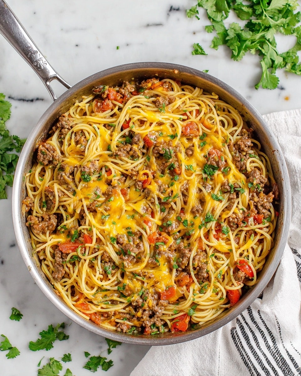 A large silver pan filled with cooked spaghetti pasta mixed with ground beef pieces and small diced red tomatoes, covered with melted yellow cheese spread irregularly throughout. The dish is garnished with fresh green cilantro leaves scattered on top. The pan is placed on a white marbled surface with some loose cilantro leaves around and a folded white cloth with black stripes on the side. Photo taken with an iphone --ar 4:5 --v 7
