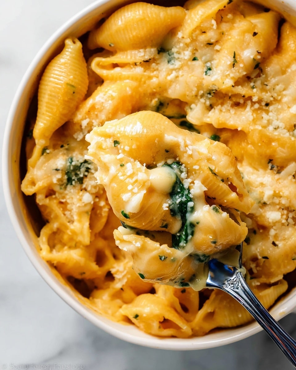 The image shows a close-up of creamy macaroni and cheese with shell pasta. The dish has three main visual layers: the top layer is light golden-brown melted cheese with tiny black pepper specks and grated cheese bits, the middle layer is rich yellow-orange cheese sauce coating tender pasta shells evenly, and the bottom layer has some green spinach pieces mixed in, adding texture and color. A silver spoon is scooping up a portion of the pasta, showing the thick cheese sauce glistening under light, with the dish held in a white bowl. The background is a white marbled texture. photo taken with an iphone --ar 4:5 --v 7