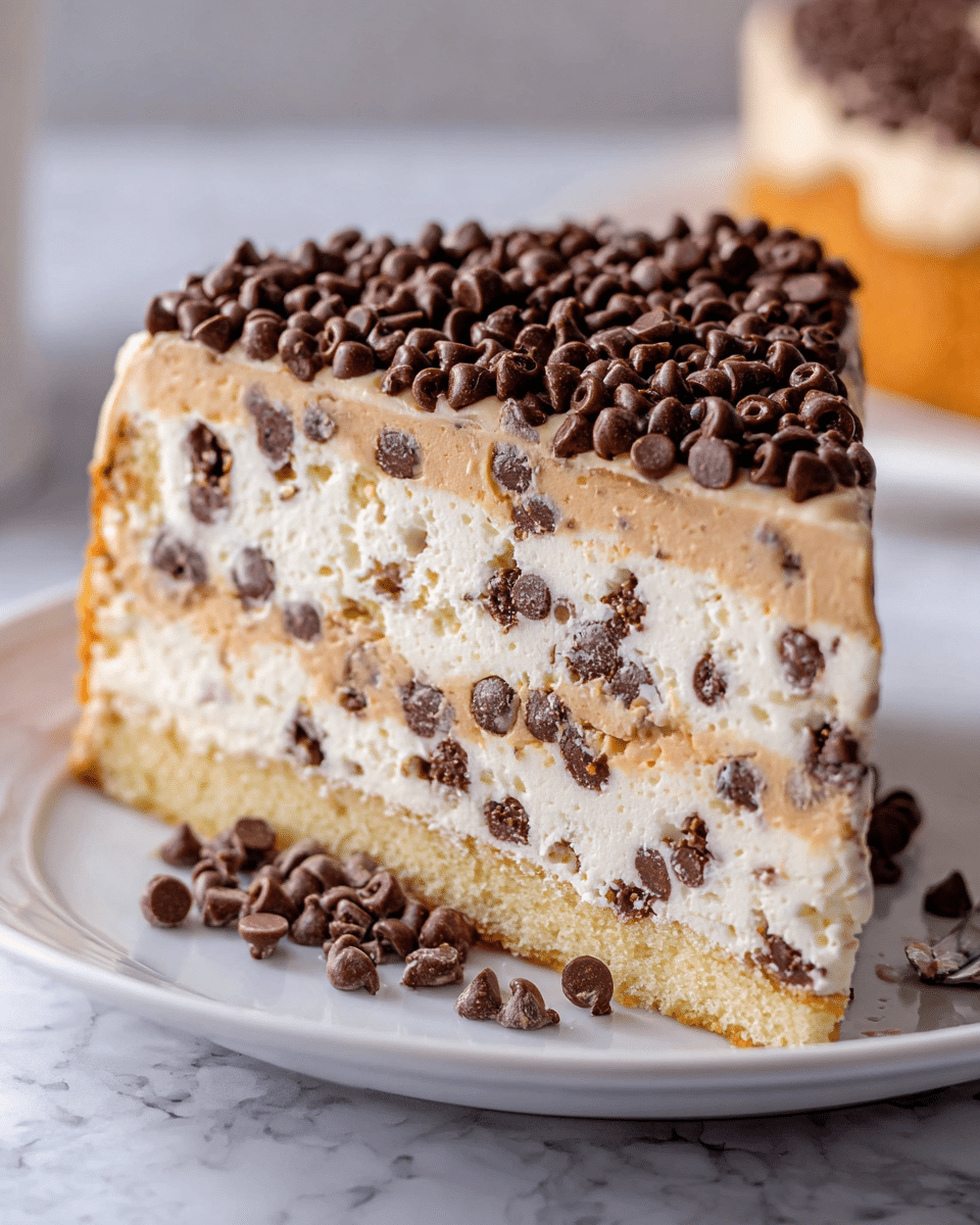 A close-up of a slice of cake with three visible layers: the bottom layer is a light golden cake base; the middle layer is thick and creamy white with small dark chocolate chips mixed throughout; the top layer is a smooth tan frosting covered densely with many small, dark chocolate chips. The slice sits on a white plate with a white marbled textured background. Photo taken with an iphone --ar 4:5 --v 7