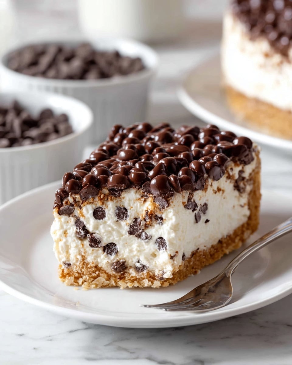 A slice of layered dessert with three distinct parts is shown on a white plate placed on a white marbled surface. The bottom layer is a dense, crumbly, golden-brown crust. The middle layer is thick, fluffy, white cream filled with small chocolate chips scattered throughout. The top layer is fully covered with larger, glossy dark chocolate chips, creating a bumpy texture. In the background, two white bowls can be seen, one filled with more dark chocolate chips and the other slightly out of focus. A silver fork rests on the plate near the slice. photo taken with an iphone --ar 4:5 --v 7