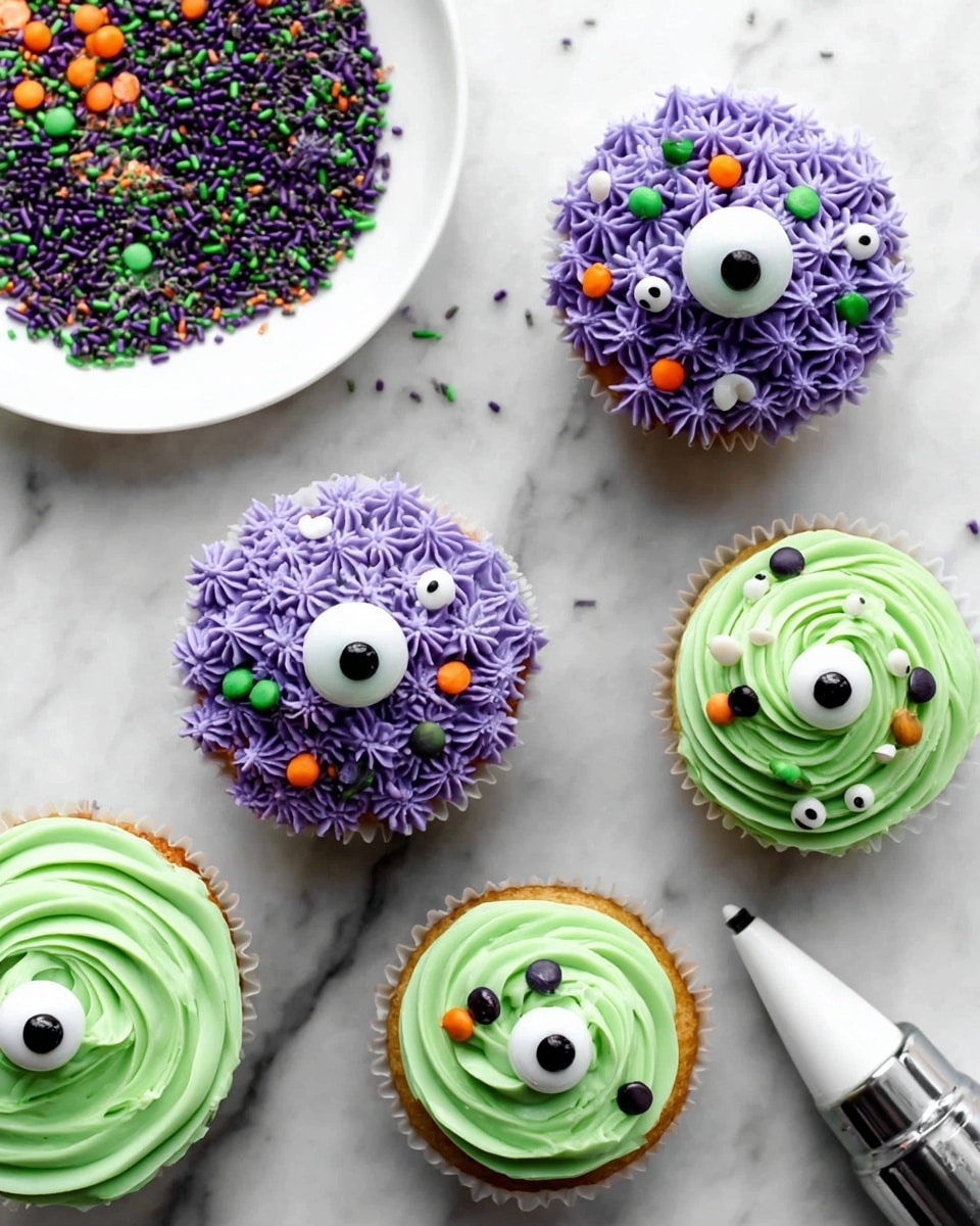 The image shows five cupcakes on a white marbled surface, each with two different frosting styles. Three cupcakes have a textured purple frosting made of small star-shaped swirls covering the top, decorated with small white and black edible eyeballs and multicolored sprinkles in orange, green, and black scattered among the frosting. The other two cupcakes have smooth, green frosting piped in a spiral pattern from the edge to the center, each topped with a single large edible eyeball in the middle. In the upper left corner, there is a white plate filled with colorful sprinkles in purple, orange, green, and black. A piping bag tip with some purple frosting is visible at the bottom. Photo taken with an iphone --ar 4:5 --v 7
