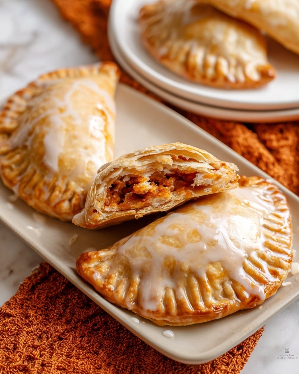 The image shows a white rectangular plate holding three golden-brown hand pies with a shiny, light glaze on top. One hand pie is cut open, revealing a fluffy, flaky crust with many layers and a thick, reddish-orange filling in the center. The edges of the hand pies are crimped with fork marks and the glaze slightly pools on the plate. The background is a white marbled texture with a soft focus on a white plate holding another hand pie and an orange textured cloth. Photo taken with an iphone --ar 4:5 --v 7