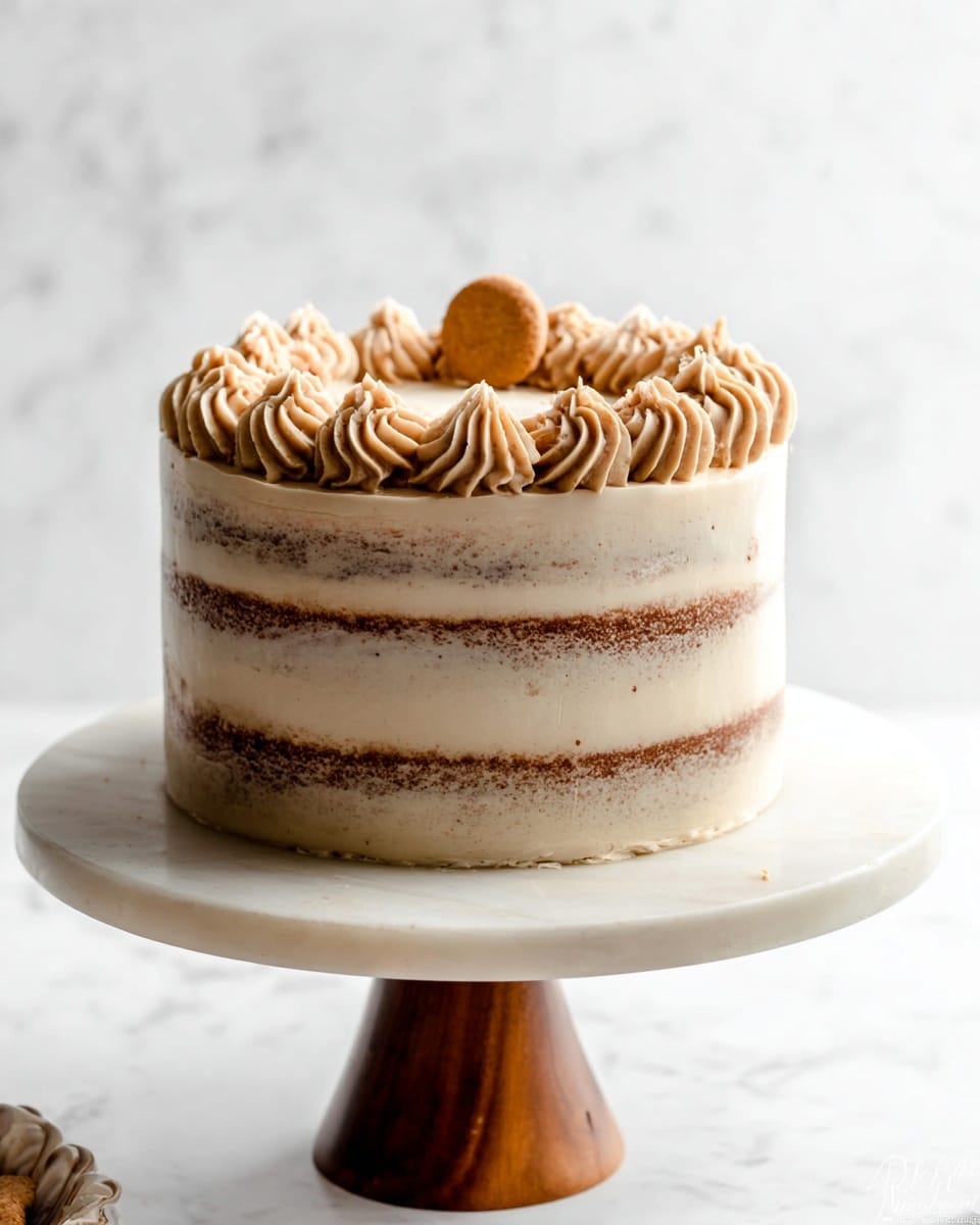 A round, three-layer cake with light brown sponge and smooth, creamy frosting between each layer, giving a semi-naked look with the cake layers slightly visible through the frosting. The top of the cake is decorated with piped swirls of light brown frosting in a circular pattern close to the edge, with a single small round cookie placed in the center. The cake sits on a white marble cake stand with a wooden base, all set against a white marbled surface. Photo taken with an iphone --ar 4:5 --v 7