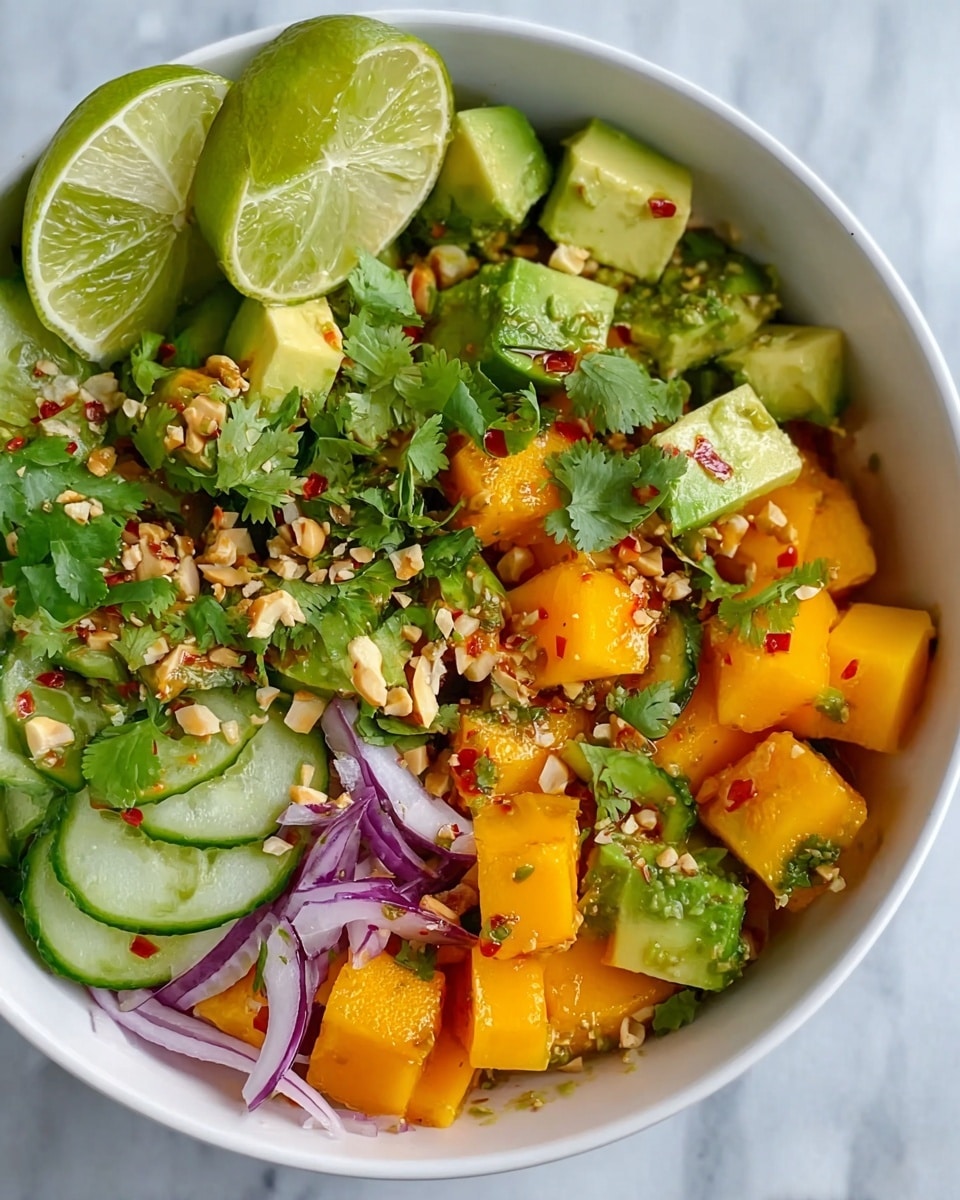 A white bowl filled with a colorful salad showing three main layers: large chunks of bright orange mango, thick slices of green cucumber, and medium-sized cubes of pale green avocado. Thin strips of purple-red onion are scattered throughout the bowl, along with fresh green cilantro leaves. The salad is topped with crushed nuts and small red chili flakes, adding texture and a hint of spice. Two lime wedges are placed in the upper left corner of the bowl, resting on the salad. The bowl is set on a white marbled surface. photo taken with an iphone --ar 4:5 --v 7