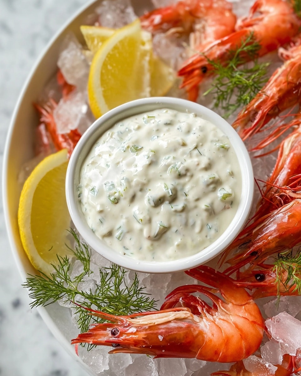 A close-up image shows a cooked shrimp with a bright orange-red shell and firm, slightly curled body. The shrimp is partially covered with a creamy white sauce flecked with small green herbs. The shrimp is held by fingers with a natural skin tone, dipping into a white bowl filled with the same sauce in the background. The background features blurred orange-red shrimp and hints of green herb leaves on a white marbled surface. photo taken with an iphone --ar 4:5 --v 7