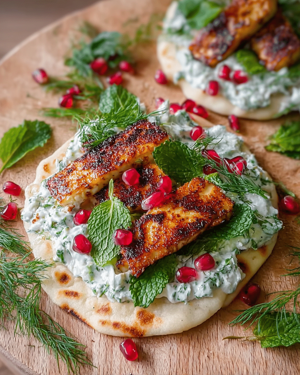 The dish shows a small flatbread topped with a white creamy sauce spread evenly as the first layer, followed by two thick, golden-brown grilled cheese slices arranged side by side. On top of the cheese, bright red pomegranate seeds are scattered, adding vibrant color and texture. Fresh green herbs, including whole mint leaves, parsley, and dill sprigs, decorate the flatbread, giving a fresh and colorful finish. The flatbread rests on a light wooden board with a white marbled surface beneath, and part of another similar flatbread is visible on the side. Photo taken with an iphone --ar 4:5 --v 7
