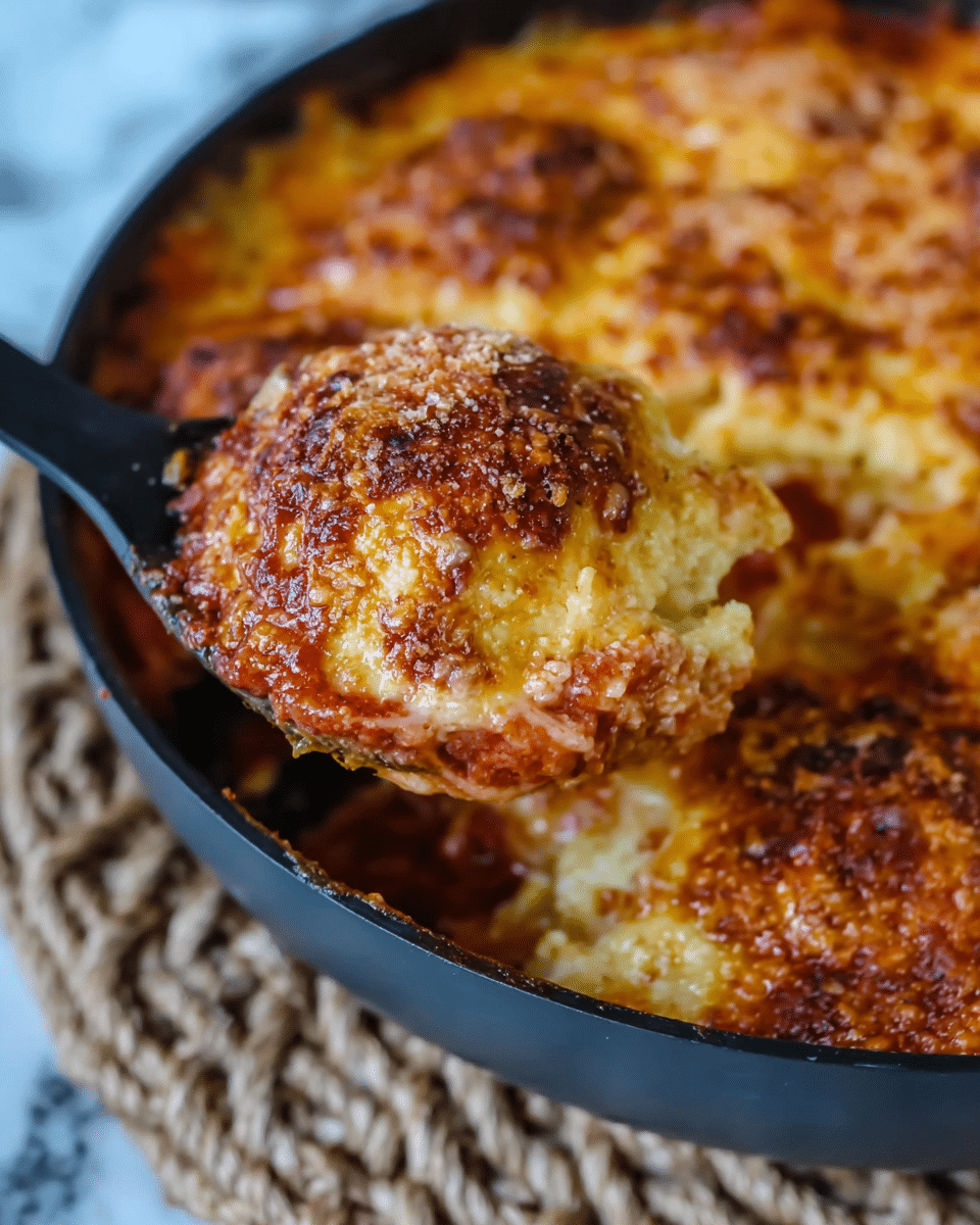 The image shows a black cast iron pan filled with six baked meatballs covered in three visible layers. The bottom layer is a thick, chunky, deep red tomato sauce surrounding the meatballs. The meatballs form the second layer, showing browned and slightly crispy edges with a rough texture. The third layer is a creamy, melted cheese topping, light yellowish-white in color, sprinkled with golden brown breadcrumbs that add a crunchy texture. A black serving spoon is scooping one meatball out near the front. The pan is placed on a white marbled textured surface with a woven beige placemat underneath. Photo taken with an iphone --ar 4:5 --v 7