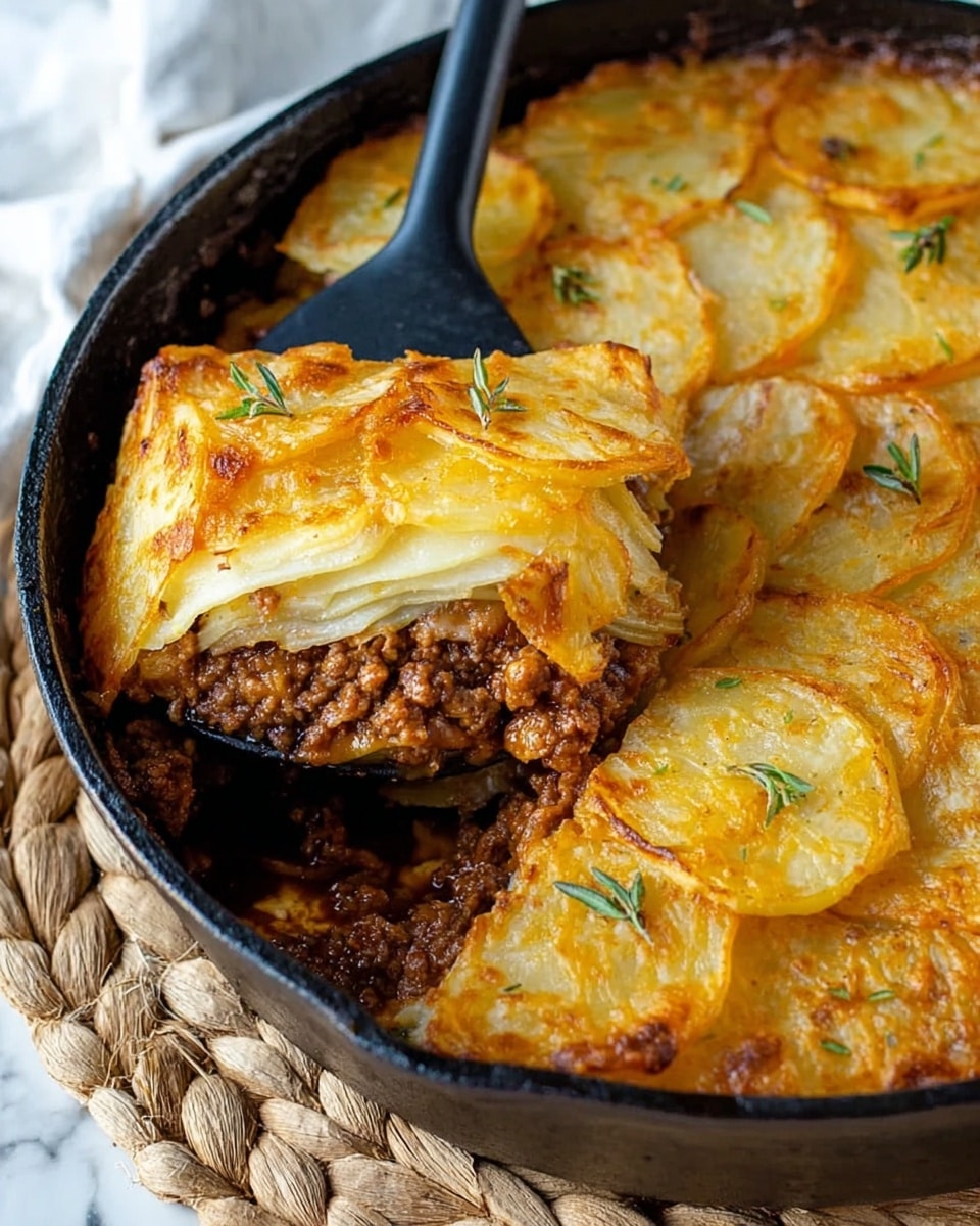 A white plate holds a serving of a layered dish with two main visible layers: the bottom layer is made of thinly sliced golden brown potatoes with a slightly crispy texture, and the top layer is a rich, chunky, brown minced meat sauce mixed with small bits of vegetables and herbs. The meat layer looks moist with a reddish tint, likely from spices or tomato sauce. A gold-colored fork is lifting a bite, showing the mix of layers. The plate is on a white marbled surface, next to a white cloth with orange stripes, and part of a black pot with more of the dish is visible in the background, sitting on a woven circular mat. Photo taken with an iphone --ar 4:5 --v 7