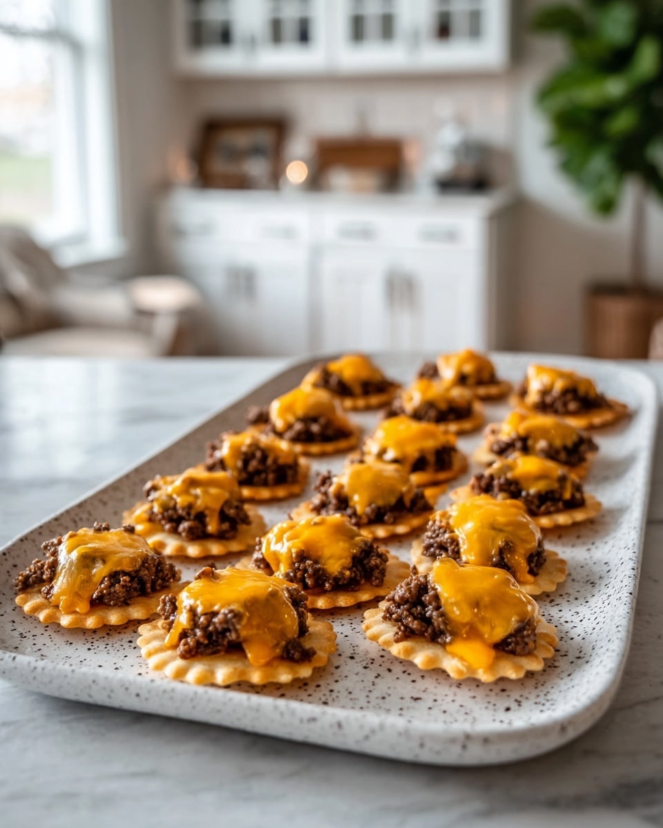 A baking tray lined with parchment paper holds twenty-four round crackers in a 4 by 6 grid, each topped with a layer of cooked ground beef that is unevenly textured and brown, and a melted layer of cheddar cheese that is bright orange and gooey, slightly dripping over the edges of the beef and crackers. The tray sits on a white marbled surface, and in the top left corner a white cloth with black stripes is partially visible, while a green plant is seen in the top right corner. The edges of the tray show a rustic, worn look with darkened spots. photo taken with an iphone --ar 4:5 --v 7