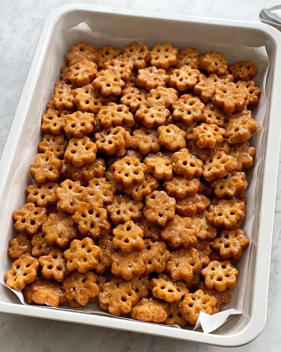 A white baking tray filled with many small, flower-shaped, golden-brown baked snacks arranged in a single thick layer. The snacks have a slightly crispy, textured surface with small holes in the center, some stacked on top of each other, creating a uniform, crunchy appearance. The tray is lined with white parchment paper, and the whole setup is placed on a white marbled surface. photo taken with an iphone --ar 4:5 --v 7