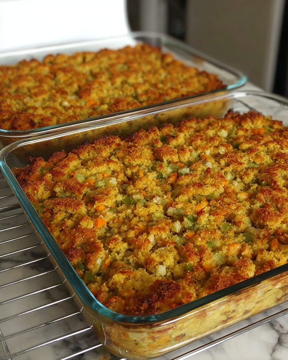 Two square glass baking dishes filled with a golden brown baked dish that appears to be a crumbly casserole or stuffing. The surface has a rough texture with visible bits of green and orange, likely from celery and carrots, mixed evenly throughout the top layer. The crust looks crispy and slightly uneven with a toasted color, covering the entire top. Both dishes sit on a metallic oven rack inside an oven. The background is a white marbled texture. Photo taken with an iphone --ar 4:5 --v 7