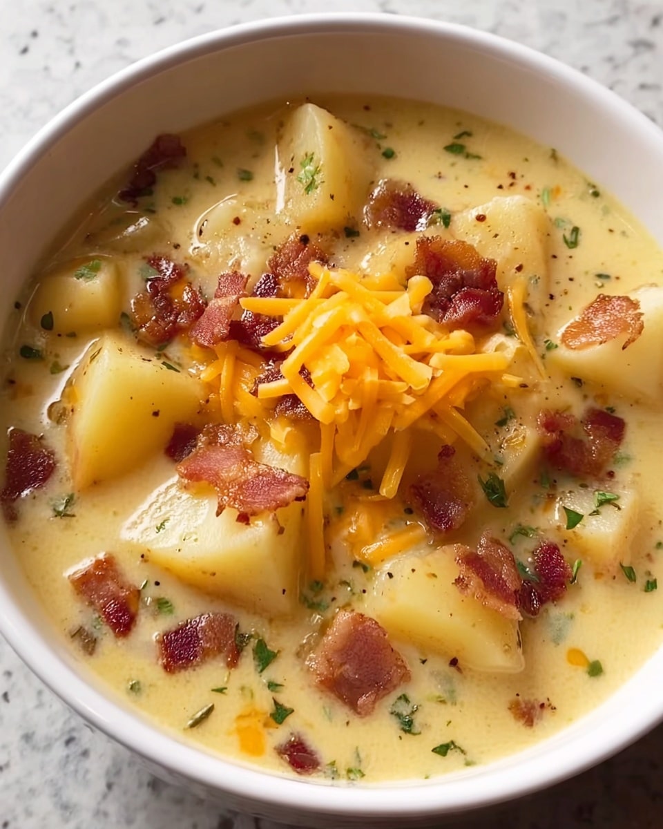 A white bowl filled with creamy soup containing large chunks of pale yellow potato, scattered with small pieces of crispy reddish-brown bacon, and garnished with shredded bright orange cheddar cheese on top. The soup base is smooth, light yellow with visible herbs and small black pepper specks, giving it a slightly textured look. The bowl sits on a white marbled surface. photo taken with an iphone --ar 4:5 --v 7