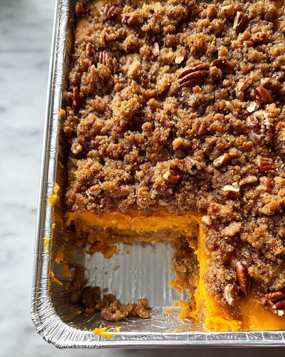 A rectangular silver foil tray holds a two-layer dessert with a corner piece missing. The bottom layer is smooth, bright orange, representing a sweet potato or pumpkin base. The top layer is a thick crumbly mix covered in toasted brown sugar streusel with whole pecans scattered evenly all over, adding texture and warmth. The top layer contrasts the soft orange base with its crunchy, nutty surface. The white marbled background reflects soft light around the tray, highlighting the dessert’s warm colors and textures. photo taken with an iphone --ar 4:5 --v 7