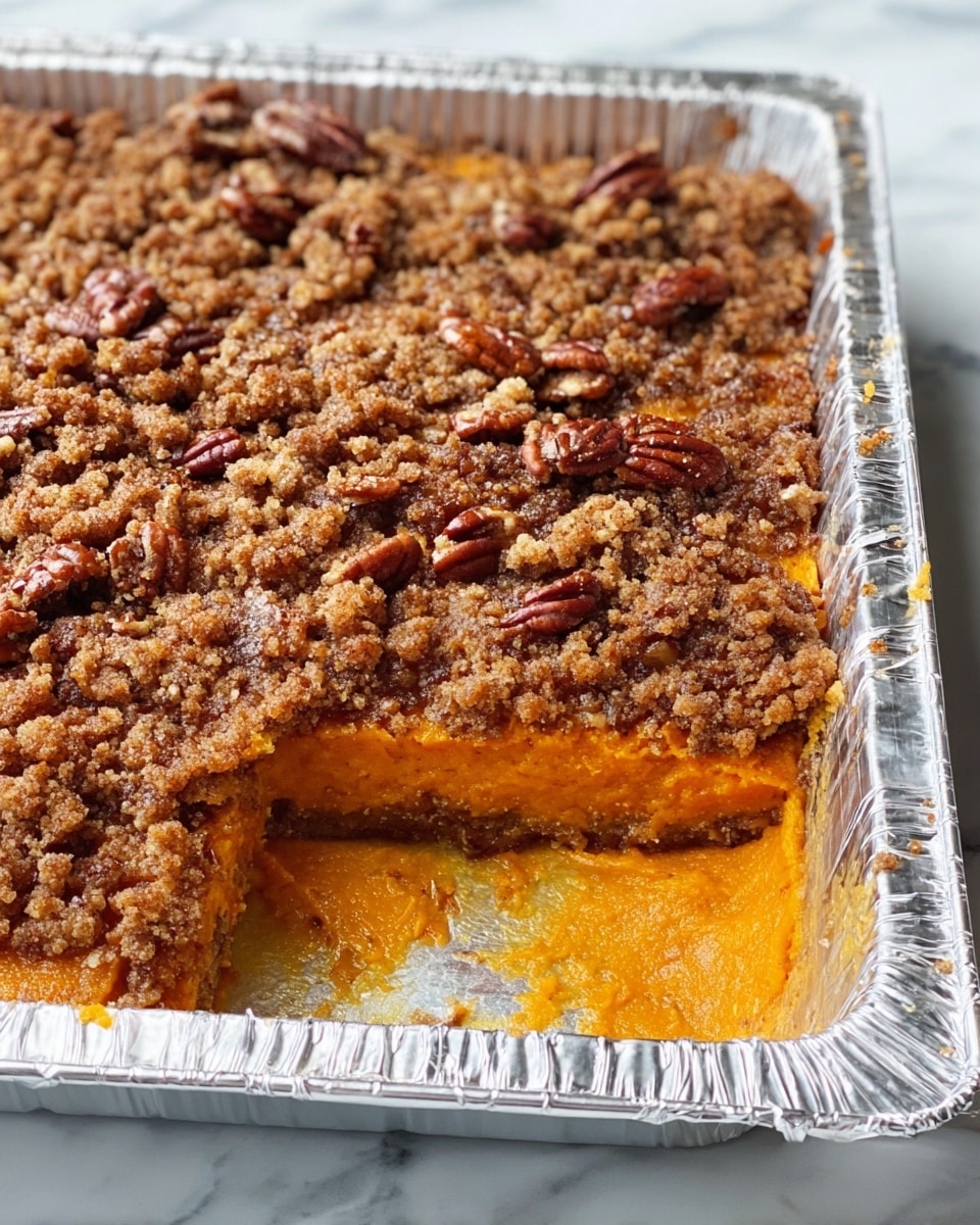 A square aluminum tray filled with a two-layer dessert; the bottom layer is smooth, orange in color with a soft texture, and the top layer is a crumbly, brown streusel with scattered whole pecans that add a crunchy texture. A large corner portion is missing showing the clear separation between the vibrant orange base and the nutty crumb topping. The surface beneath the tray is white marbled texture. photo taken with an iphone --ar 4:5 --v 7