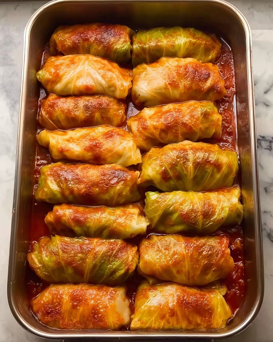 A rectangular metal baking dish filled with 18 rolled cabbage leaves stuffed with a mixture, each piece browned and slightly glossy from a tomato-based sauce beneath them. The cabbage rolls are arranged in five rows, packed closely together, with a smooth texture and a light golden color with some darker spots from baking. The dish sits on a white marbled surface, showing cooked sauce bubbling around the edges. Photo taken with an iphone --ar 4:5 --v 7