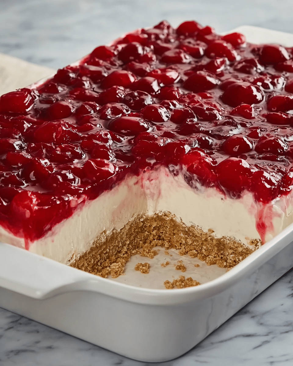 A white rectangular dish holds a three-layer dessert with a section cut out, revealing the layers clearly. The bottom layer is a dense, crumbly light brown crust. Above it sits a thick, creamy off-white layer with a smooth texture. The top layer is a glossy, bright red cherry topping with whole cherries embedded in the shiny jelly-like glaze, giving it a rich, wet look. The dish is placed on a white marbled surface photo taken with an iphone --ar 4:5 --v 7