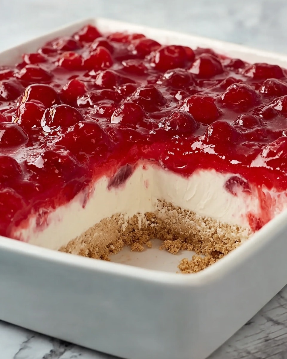 The image shows a square white ceramic dish with a dessert that has three clear layers. The bottom layer is a crumbly, light brown crust with a rough texture. The middle layer is thick, creamy, and white, looking smooth and soft. The top layer is a shiny, bright red cherry topping with whole cherries visible, covered in a glossy gel that looks slightly wet. A portion of the dessert is missing from the front, revealing the layers clearly. The dish sits on a white marbled surface. Photo taken with an iphone --ar 4:5 --v 7
