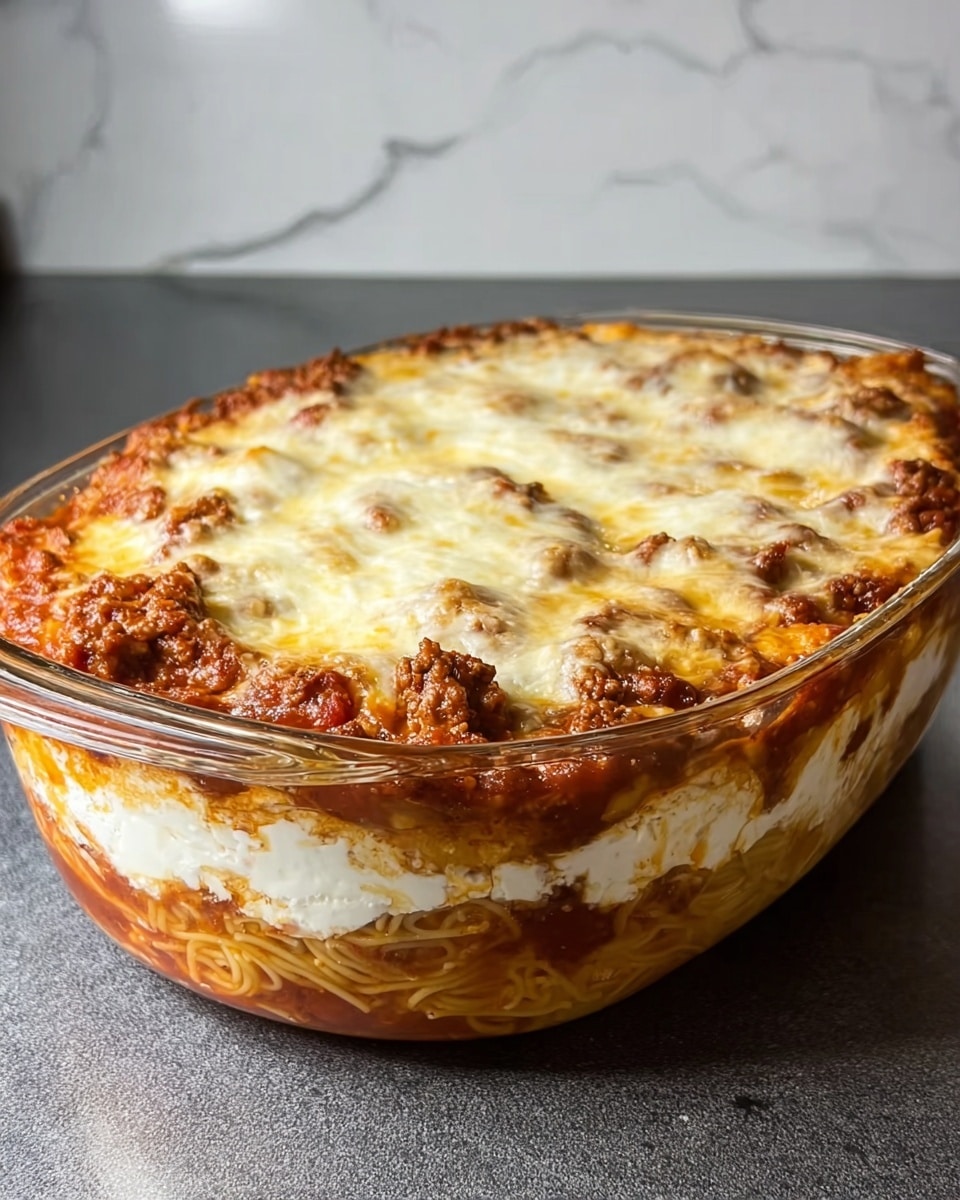 A clear glass oval baking dish shows a layered baked pasta dish. The bottom layer is spaghetti noodles covered in a thick layer of creamy white ricotta cheese. Above this is a thick, rich red meat sauce with visible ground beef pieces. The top layer is a golden melted cheese mix, browned in some spots, covering the meat sauce fully. The dish sits on a smooth gray surface with a white marbled texture in the background. photo taken with an iphone --ar 4:5 --v 7