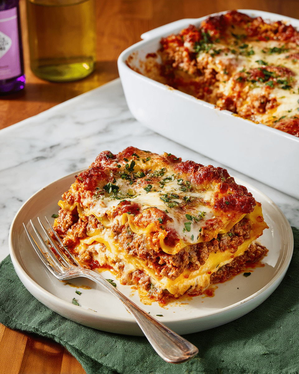 A white round plate holds three layers of lasagna. The bottom layer is yellow pasta sheets, next is a thick layer of brown cooked meat mixed with red tomato sauce, and the top layer is bubbly melted cheese with some browned spots and bits of green basil leaves sprinkled on top. A silver fork rests on the left side of the plate. To the right, part of a white rectangular baking dish shows more lasagna with similar layers and textures. Below the dish, a green cloth is visible on a white marbled surface. A bottle with a purple cap and label stands near the plate. The background has a warm wood-colored table. Photo taken with an iphone --ar 4:5 --v 7