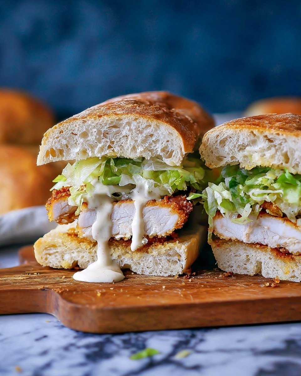 A sandwich cut in half sits on a wooden board over a white marbled surface, showing three layers: a crusty, light brown bread top and bottom, a crispy golden-brown fried chicken fillet in the middle, fresh bright green lettuce on top of the chicken, and creamy white sauce dripping down the side. The background is blurry dark blue fabric with parts of other bread rolls showing. Photo taken with an iphone --ar 4:5 --v 7