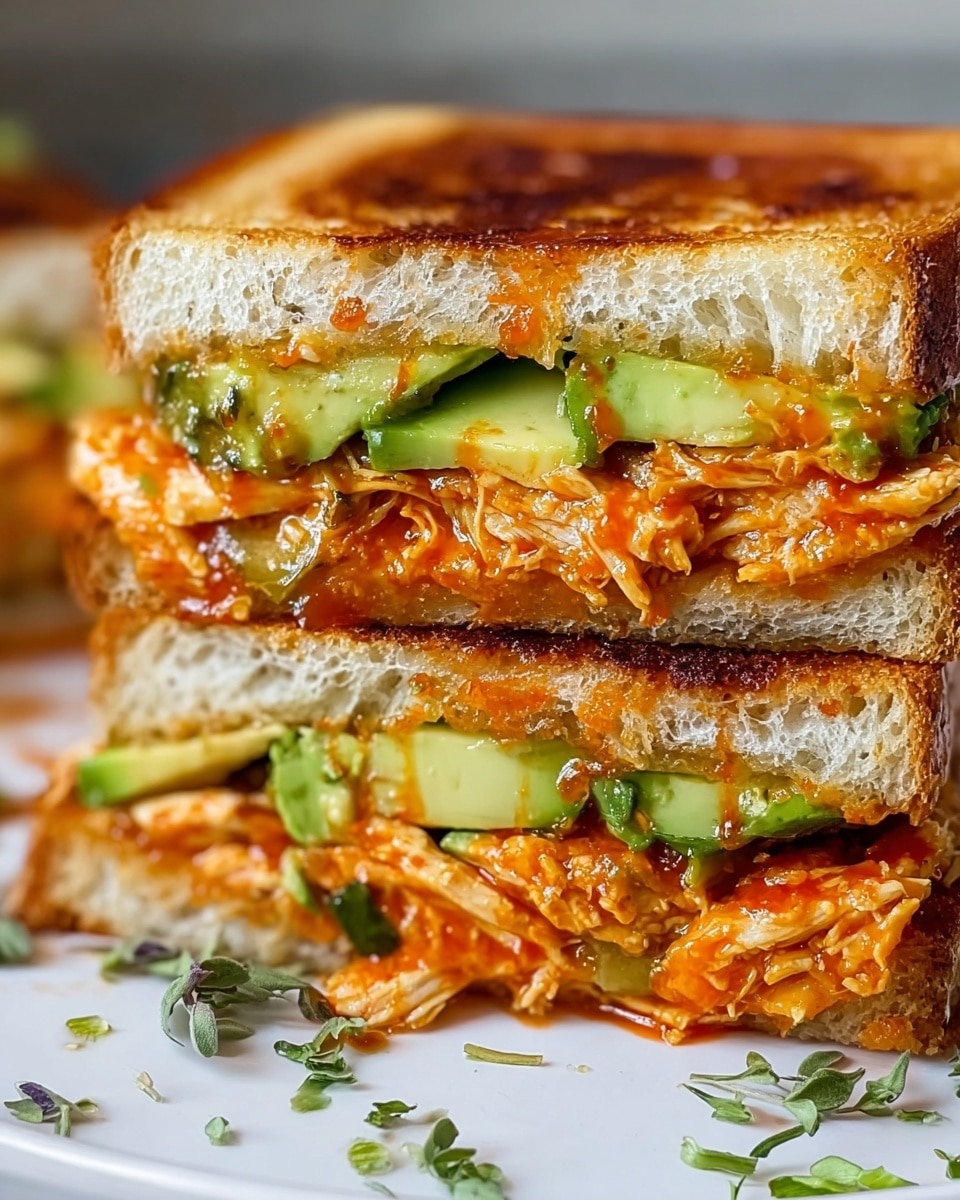 A close-up of a sandwich cut in half and stacked, showing three layers of golden toasted bread with a crispy texture on top and bottom. Inside, there are layers of shredded orange chicken mixed with a bright red sauce, fresh slices of green avocado, and thin slices of cucumber, all glistening with moisture. The bread looks soft and airy on the inside with a slight crunch on the outside. The sandwich is sitting on a white plate with some small green herbs scattered around, placed on a white marbled surface, photo taken with an iphone --ar 4:5 --v 7