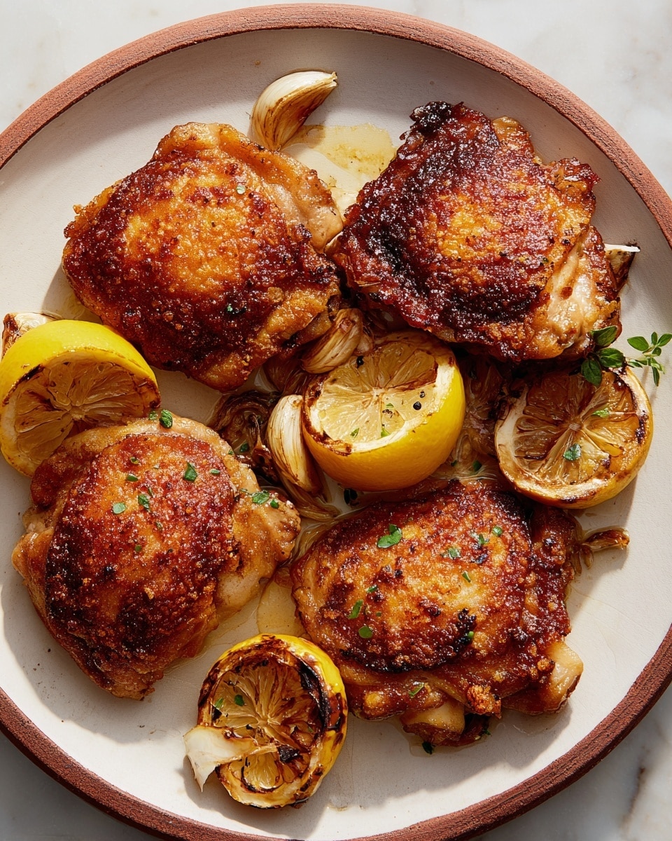 Four pieces of golden-brown, crispy-skinned chicken thighs sit on a white plate, surrounded by caramelized, slightly charred lemon halves. The chicken skin has a bubbly texture with some charred spots, adding a rich, crispy look. There are also browned garlic cloves scattered around, adding to the rustic feel. The plate sits on a white marbled surface that highlights the rich colors of the food. photo taken with an iphone --ar 4:5 --v 7