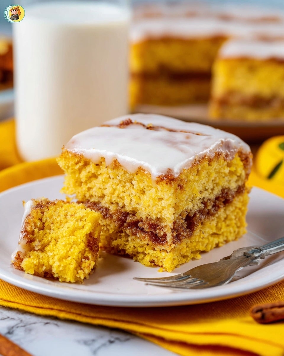 A close-up of a square slice of bright yellow layered cake sits on a white plate with a fork holding a small piece of cake in the front left. The cake has two thick soft layers with a golden brown cinnamon filling spread between them and a thin, shiny white glaze lightly covering the top layer. The cake’s texture looks moist and crumbly. The background shows a blurred glass of milk and parts of other cake pieces on a white marbled surface, along with a yellow cloth underneath the plate. Photo taken with an iphone --ar 4:5 --v 7