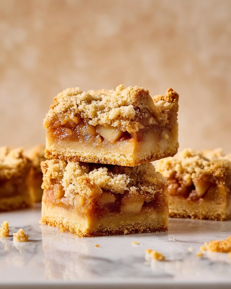 The image shows square apple crumble bars with three visible layers. The bottom layer is a dense, light golden crust with a firm texture. The middle layer is a thick, soft apple filling with visible chunks of cooked apple, glowing in warm golden-brown tones. The top layer is a crumbly streusel with a slightly coarse texture, light golden color, scattered unevenly on top. Two bars are stacked one on top of the other in the center, while another bar sits to the right on a white marbled surface. Small crumbs are scattered around the bars. The background is a soft, blurred warm beige. Photo taken with an iphone --ar 4:5 --v 7