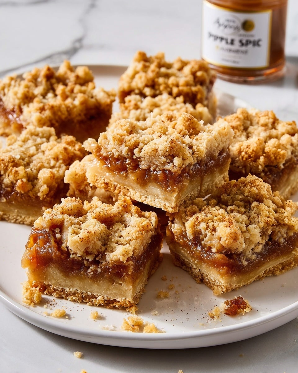 The image shows pieces of apple crumb bars arranged on a white plate. Each bar has three layers: a firm golden-brown crust at the bottom, a thick middle layer filled with chunky, reddish-brown cooked apple filling, and a crumbly, pale golden top layer with a rough texture. The apple filling looks juicy and slightly glossy, while the crumb topping has small clusters and loose crumbs scattered over the bars. The plate is set on a white marbled surface, and in the background, there is a jar labeled 
