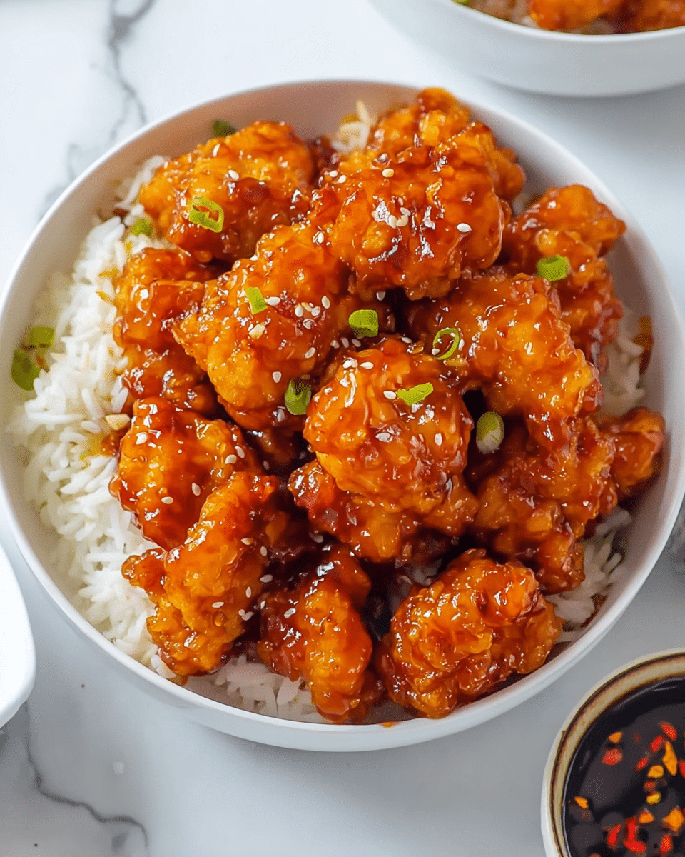 A white bowl filled with two layers: the bottom layer is white steamed rice with a fluffy texture, and the top layer consists of golden-brown fried chicken pieces coated in a shiny, thick reddish-orange glaze. The chicken pieces are arranged closely together, and a few small white sesame seeds and chopped green onion bits are sprinkled over the top, adding small touches of contrast. The bowl is placed on a white marbled surface, with part of another white bowl and a small round dish of dark dipping sauce with red chili pieces visible near the top right corner. photo taken with an iphone --ar 4:5 --v 7