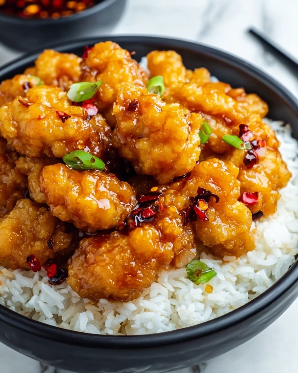 A close-up of a black bowl filled halfway with fluffy white rice as the bottom layer. On top, there is a thick layer of golden-brown battered chicken pieces. The chicken pieces are glossy with a shiny orange sauce that looks sticky and smooth. Small green sliced scallions and tiny red chili flakes are scattered on the chicken, giving specks of color. The background is a white marbled texture, and part of a black bowl with red sauce is partially visible to the top left. Photo taken with an iphone --ar 4:5 --v 7