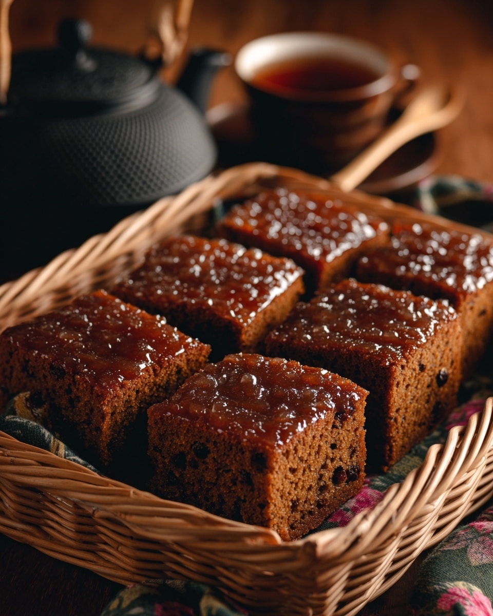 The image shows six thick, square pieces of brown cake arranged neatly in a wicker basket. Each piece has a shiny, sticky glaze on top that glistens under the light, giving it a moist texture. The cake looks soft and dense with small dark spots inside, suggesting added ingredients like dried fruit or nuts. The basket sits on a surface with a floral fabric pattern partially visible. In the background, there is a blurred black teapot with a wooden handle and a ceramic cup filled with dark tea, both resting on a warm wooden surface. The whole setting feels warm and inviting. photo taken with an iphone --ar 4:5 --v 7