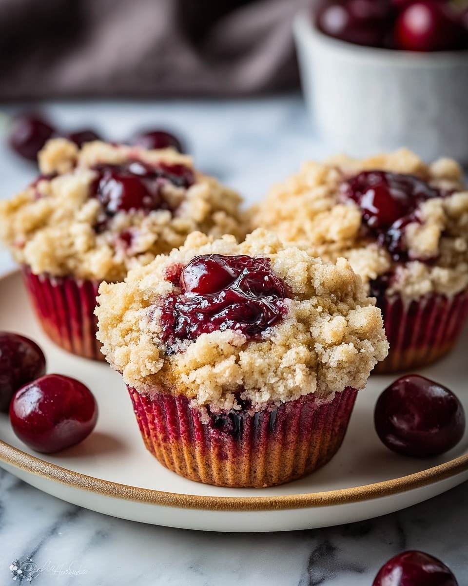 Three crumb-topped muffins sit on a white plate with a beige rim, placed on a white marbled surface. Each muffin has a rich red base visible through the paper liner, with a rough, crumbly light brown top layer. In the center of each crumb topping, there is a glossy, deep red cherry filling, slightly melted and glistening. Around the plate are scattered fresh whole cherries, adding a dark red and purple color contrast. The background is softly blurred with dark and light shapes, making the muffins stand out sharply. Photo taken with an iphone --ar 4:5 --v 7