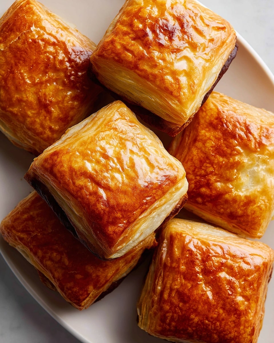 Close-up of six square-shaped pastries with a golden-brown, shiny, crispy top layer that shows fine flaky texture around the edges, each resting on a darker brown bottom layer that peeks out beneath the puff pastry. The pastries are arranged on a white plate set on a white marbled surface, filling the frame with a warm, inviting color contrast between the layers and rich golden tones. photo taken with an iphone --ar 4:5 --v 7