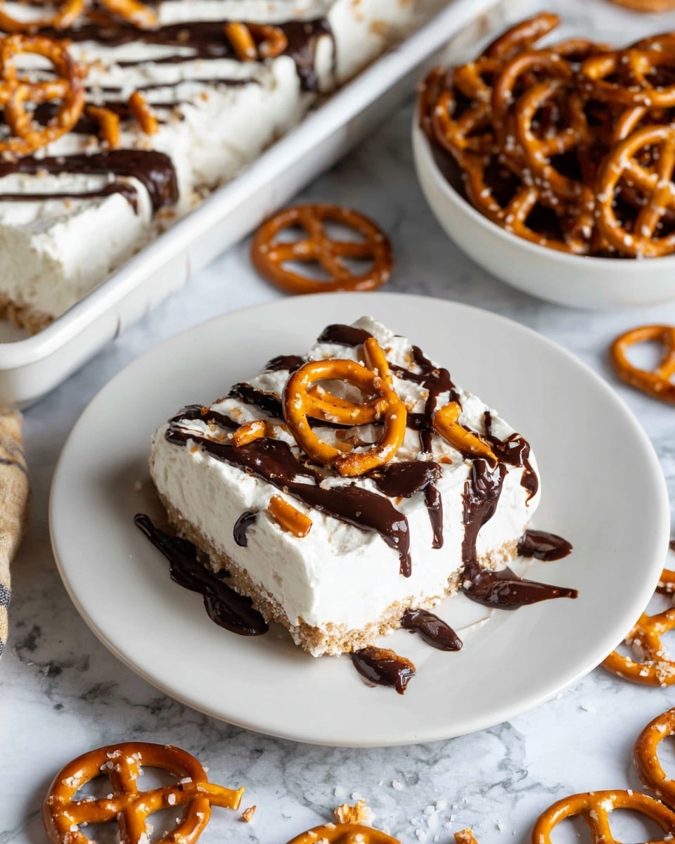 The image shows a white plate with a square piece of a dessert having three visible layers: a light brown crumbly base, a thick white creamy middle layer, and drizzles of dark chocolate sauce on top. The top layer is decorated with small pieces of crushed pretzels and some whole orange-brown pretzels. To the upper right, there is a white bowl filled with shiny brown pretzels sprinkled with salt, and to the left, part of a white tray with more of the same dessert, also topped with chocolate drizzle and pretzel pieces. The setting is on a white marbled surface with some scattered pretzels around. photo taken with an iphone --ar 4:5 --v 7