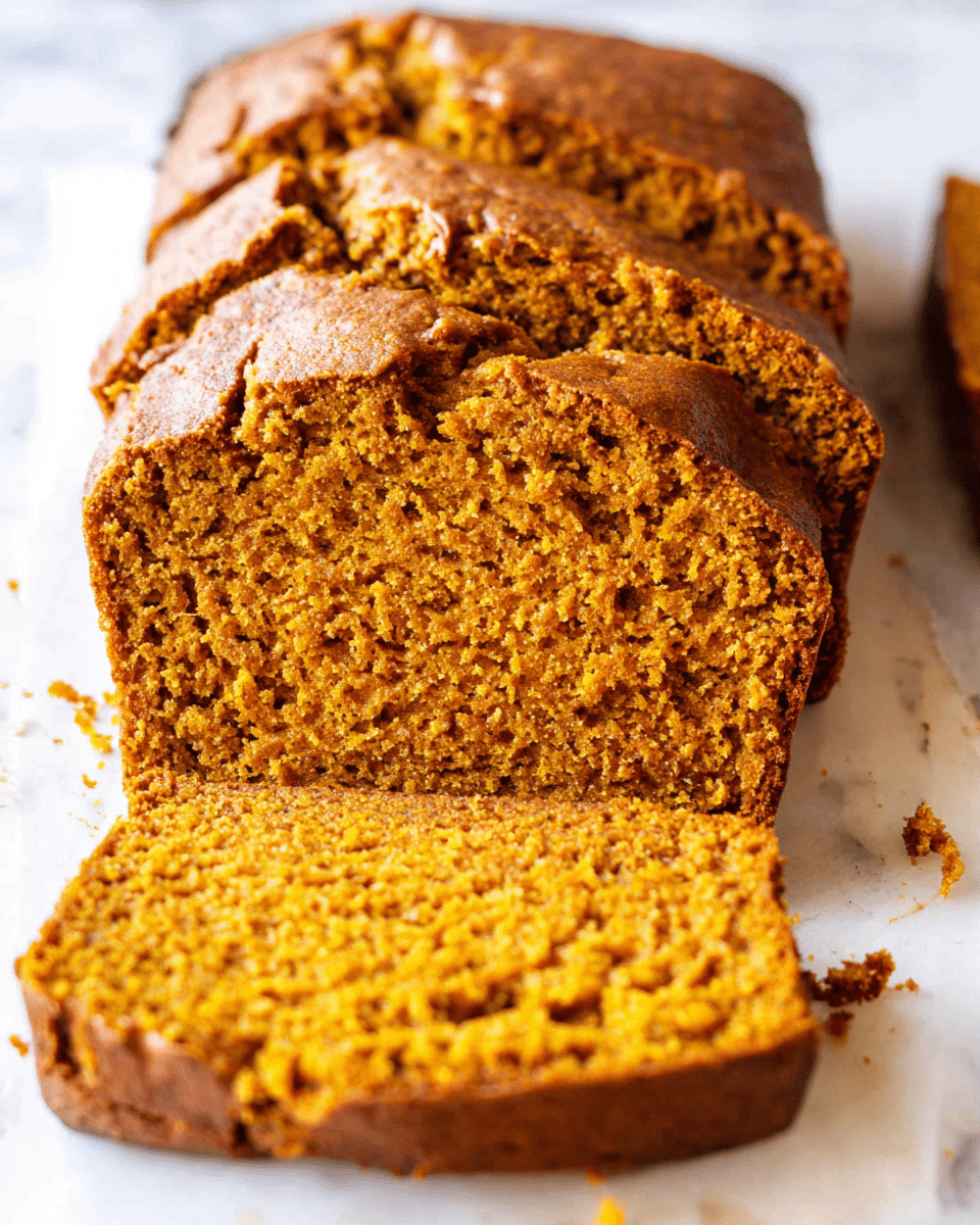 A close-up view of a loaf of pumpkin bread sliced to show its thick, moist, and crumbly texture. The bread has a warm orange-brown color with small bits visible inside, and the crust is slightly darker with rough, cracked lines on top. The slices are laid out with one slice standing upright in front, displaying the detailed crumb, while the rest of the loaf is intact behind it. The bread sits on a white marbled surface with a few crumbs scattered around it. photo taken with an iphone --ar 4:5 --v 7