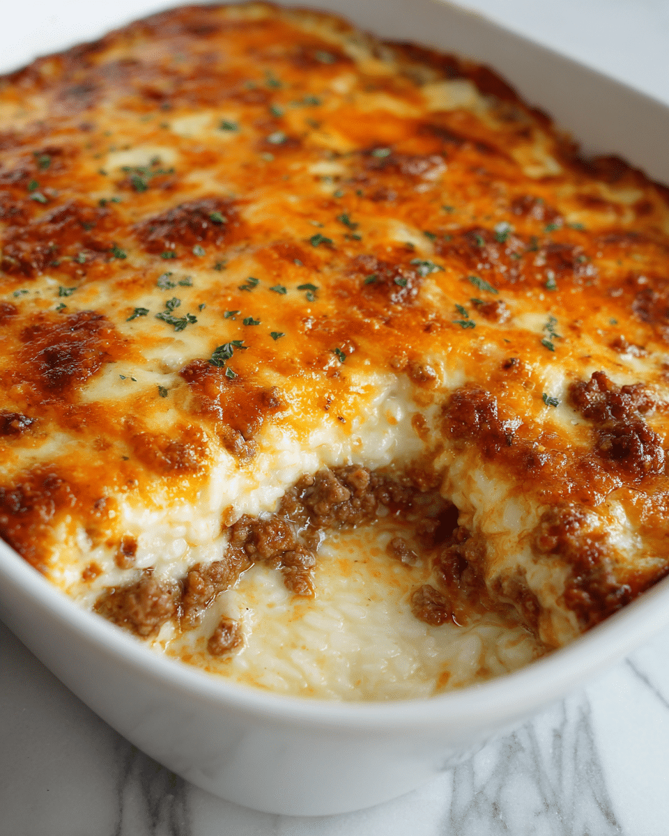 A close-up view of a baked dish in a white bowl, showing three distinct layers; the bottom layer is creamy, soft white rice, topped with small pieces of browned ground meat, and finished with a generous layer of melted cheese that is a mix of orange and white, slightly browned in spots. The cheese has a bubbly texture, and there are small green herb flakes sprinkled on top. The image is set on a white marbled surface. photo taken with an iphone --ar 4:5 --v 7