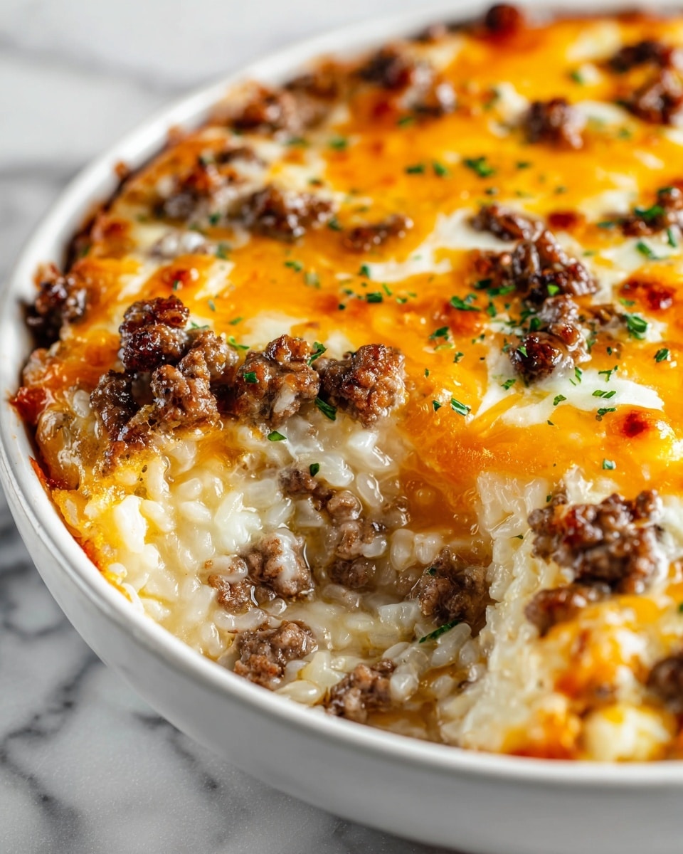 This image shows a close-up of a dish with three visible layers. The bottom layer is creamy, light beige rice with a soft texture. The middle layer consists of small, browned pieces of cooked ground meat scattered evenly. The top layer features melted cheese in bright orange and white, spread smoothly with some bubbly, slightly browned spots. Small green herb flakes are sprinkled lightly on the cheese. The dish is served in a white bowl, placed on a white marbled surface. photo taken with an iphone --ar 4:5 --v 7