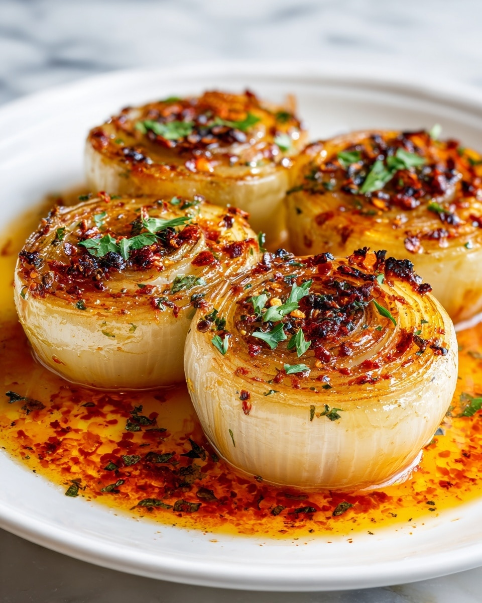 Four roasted onion halves are arranged close together in a white plate, their outer layers golden brown with a slightly crispy texture and covered with a shiny, oily mixture of red chili flakes and finely chopped herbs. Each onion half shows tight, translucent white inner layers, and all are topped with small green parsley leaves. The dish is surrounded by a thin pool of bright orange-red oil speckled with bits of seasoning, resting on a white marbled surface. photo taken with an iphone --ar 4:5 --v 7