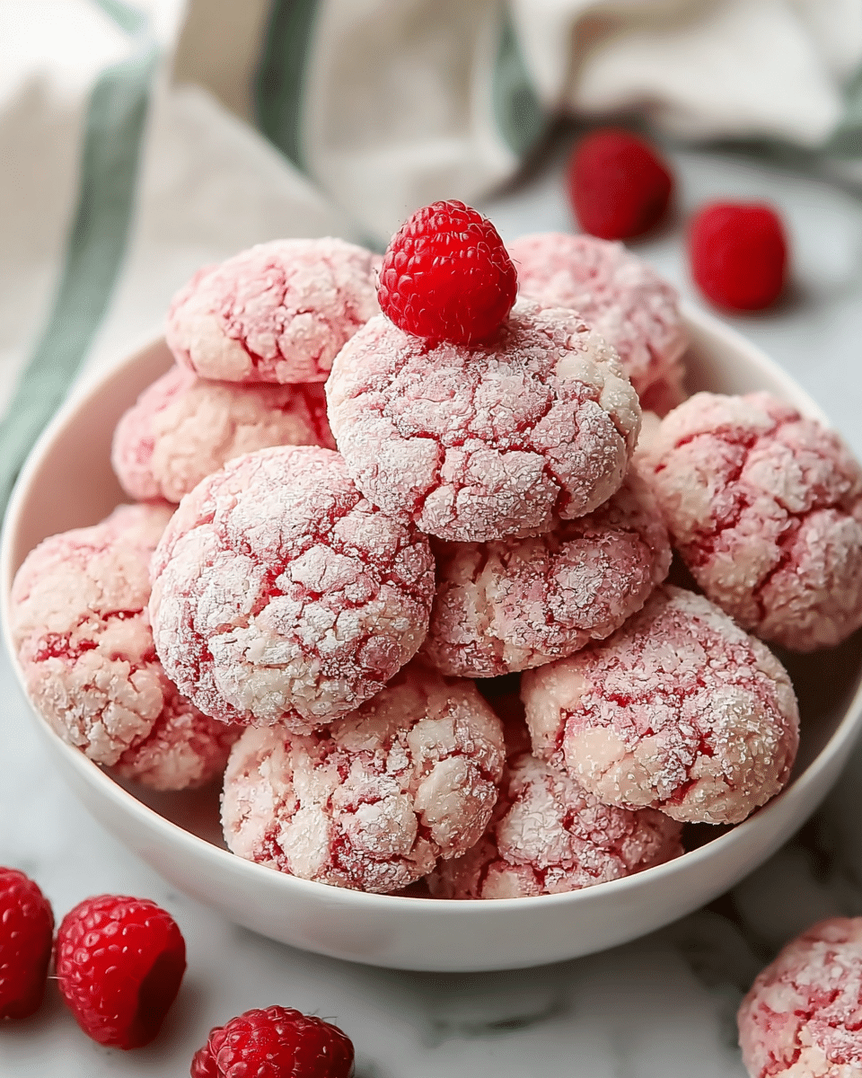 A white bowl full of small round cookies that are pink with white sugar coating on top, showing a cracked surface texture. The cookies are stacked in layers, tightly packed, with one bright red raspberry sitting on top in the middle. Around the bowl are more red raspberries placed on a white marbled textured surface, and a white cloth with green stripes is partly visible at the side. The lighting is soft, highlighting the sugar granules on the cookies. photo taken with an iphone --ar 4:5 --v 7