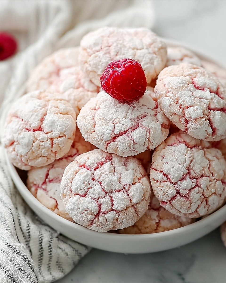 A white bowl filled with round, cracked cookies that have a soft pink color visible through a white powdered sugar coating, giving each cookie a textured, cracked appearance. The cookies are piled high with one bright red raspberry nestled in the center on top, adding a fresh pop of color. The bowl sits on a white marbled surface with part of a white cloth with gray stripes visible nearby. Photo taken with an iphone --ar 4:5 --v 7