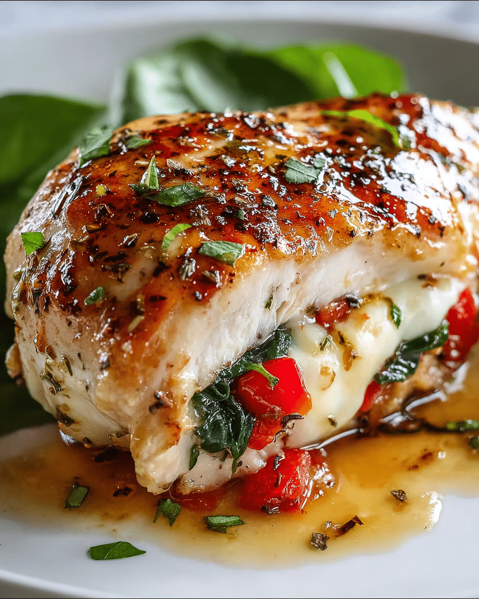 The image shows a close-up of a stuffed chicken breast piece on a white plate with a white marbled texture beneath. The chicken has a shiny, golden-brown grilled top layer seasoned with herbs and pepper. Inside the chicken, there is a visible layer of melted white cheese, bright red bell pepper chunks, and dark green spinach leaves. The bottom part is the light-colored chicken meat, slightly juicy with a glossy sauce pooling around it. Green herb pieces are sprinkled on top and nearby, adding a fresh touch. The setting is clean and focuses closely on the texture and colors of the dish. photo taken with an iphone --ar 4:5 --v 7