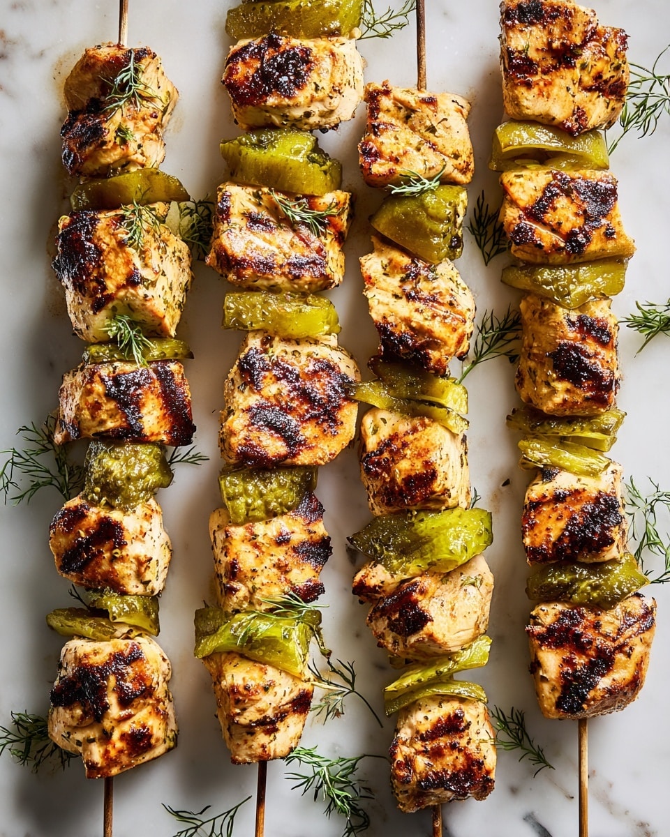 The image shows six grilled chicken kebabs arranged in parallel lines on a white marbled surface, each skewer threaded with chunks of lightly charred, golden-brown chicken and bright green pickles alternating evenly along the length. The chicken pieces have visible grill marks adding a textured look, while the pickles have a crinkly cut and a juicy, glossy finish. Small sprigs of fresh green herbs are scattered across and under the skewers, adding a fresh color contrast to the warm tones of the meat and pickles. photo taken with an iphone --ar 4:5 --v 7