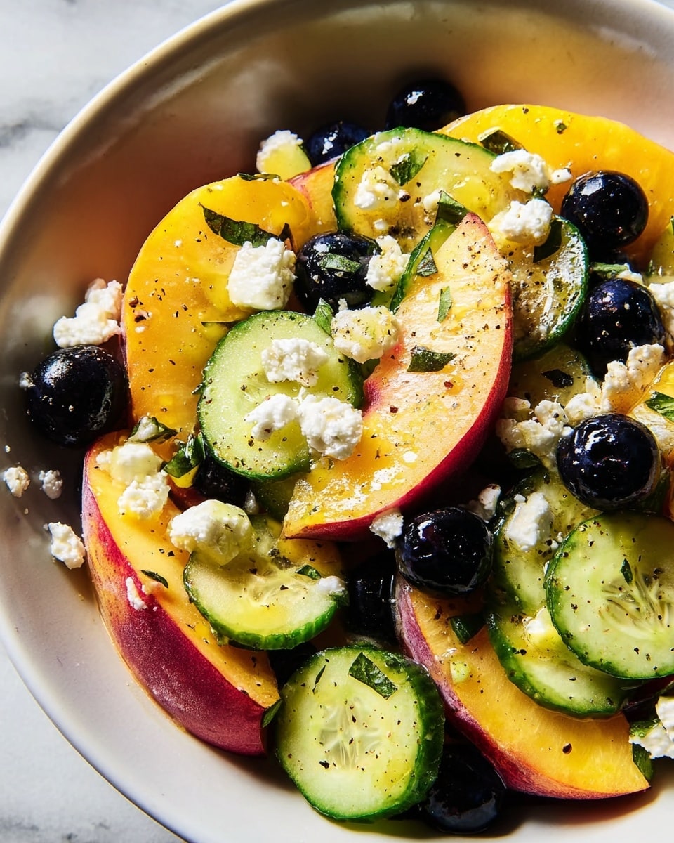 A close-up image of a fresh fruit and vegetable salad in a white bowl sitting on a white marbled surface. The salad has three main layers: thick slices of yellow and red peach wedges forming the base, thin round slices of green cucumber scattered throughout, and small, round dark purple blueberries spread all over. Crumbled white cheese pieces are placed unevenly among the fruits and vegetables, adding texture. The salad is lightly sprinkled with coarse black pepper and bits of green herbs, giving contrast to the colors and a fresh, homemade look. Photo taken with an iphone --ar 4:5 --v 7