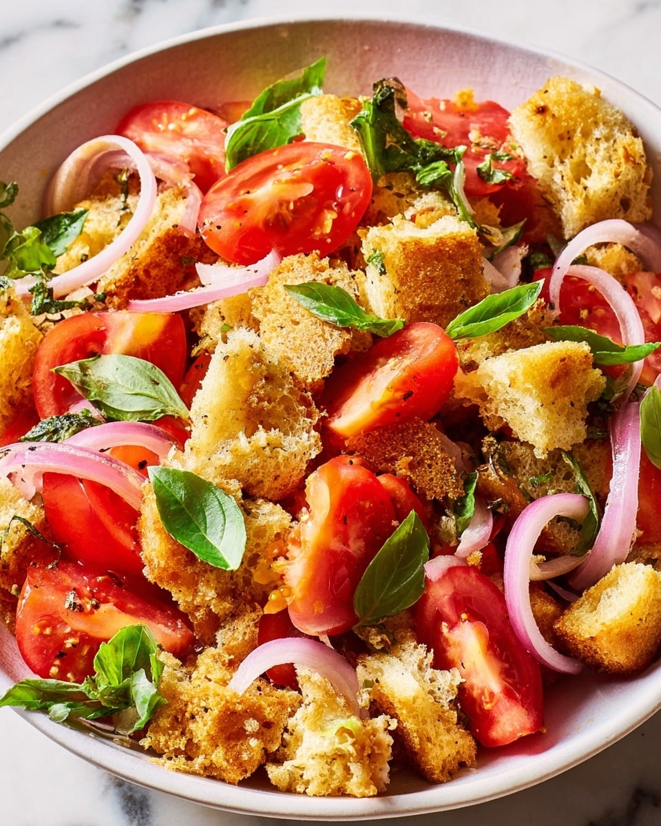 A close-up image of a salad in a white bowl filled with layers of chunky golden-brown croutons with a crunchy texture, bright red tomato wedges showing juicy, seedy interiors, and thin, pale purple onion rings scattered evenly on top. Small fresh green basil leaves are sprinkled throughout, adding a vibrant contrast. The salad has a mix of rough and smooth textures with a fresh and crispy look. The bowl sits on a white marbled surface. photo taken with an iphone --ar 4:5 --v 7