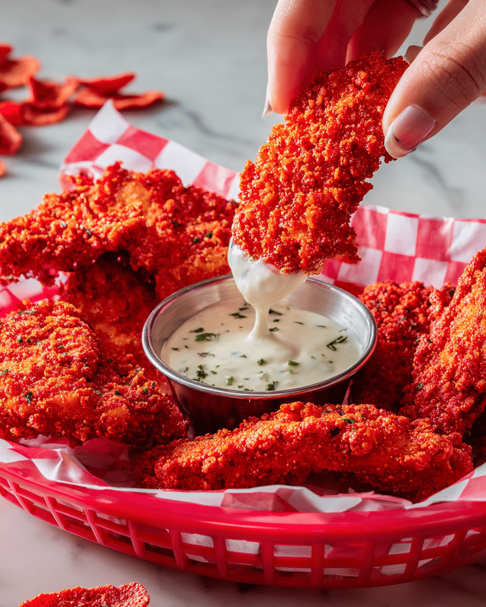 A close-up image shows a red basket lined with red and white checkered paper holding several bright red crispy chicken tenders. One chicken tender is being dipped into a small metal cup filled with creamy white ranch dressing with green herb specks. The chicken tenders have a rough, crunchy texture with vibrant red coloring. The basket sits on a white marbled surface with some red crunchy snack pieces scattered around. A woman's hand is holding the tender that is dipped into the sauce. Photo taken with an iphone --ar 4:5 --v 7
